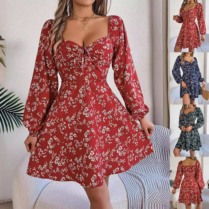 Floral Print Lantern Sleeve A-Line Dress – Tie-Waist Square Neck - product photo 1 of 8