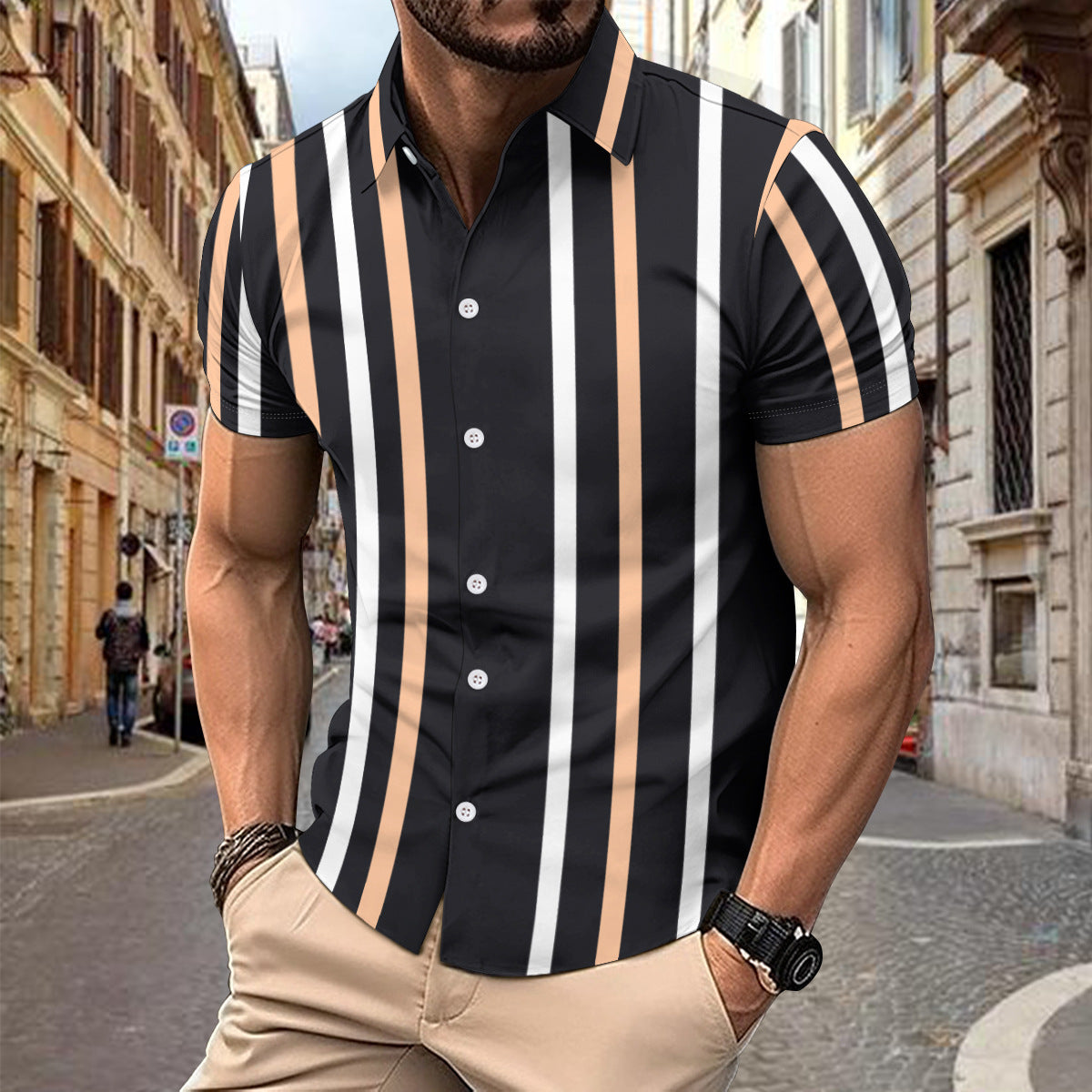 Men's Casual Striped Short Sleeve Button-Up Shirt - product photo 4 of 6