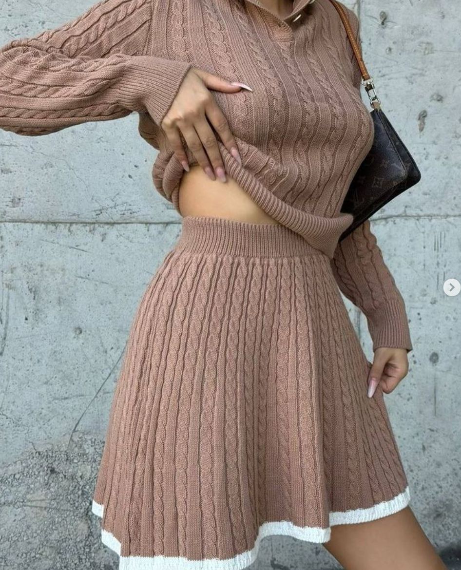 Polo-collar color-block patchwork mini skirt set - photo 5 of 9
