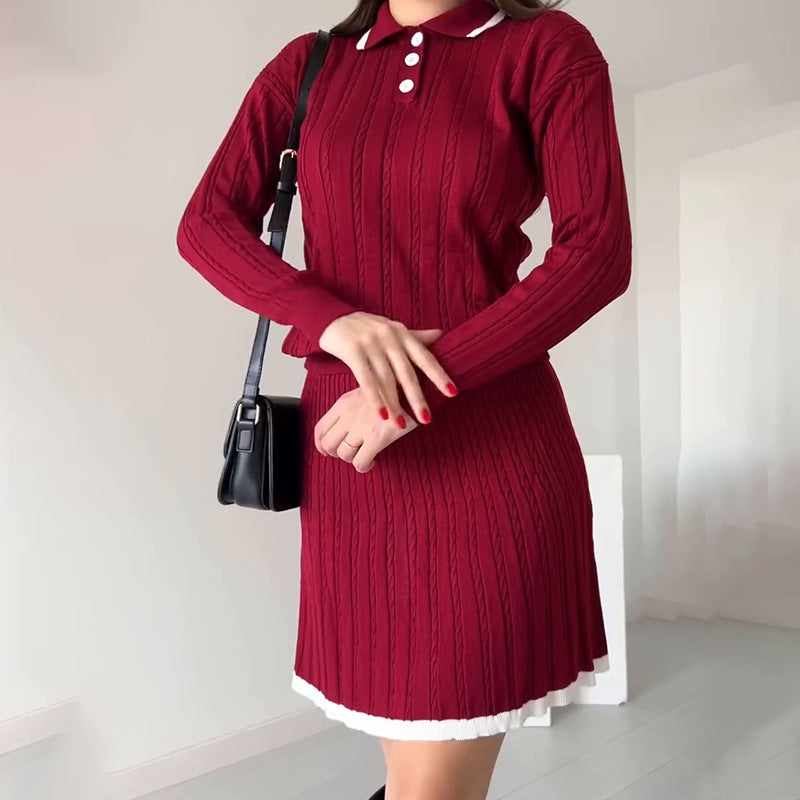 Polo-collar color-block patchwork mini skirt set - photo 1 of 9