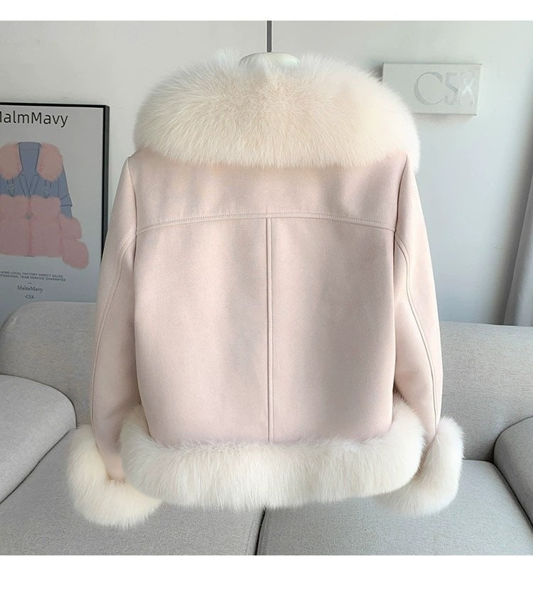 Faux fur coat in pink, full length view