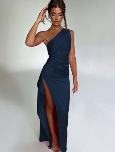 Sexy One-Shoulder Backless Slit Satin Dress - product photo 8 of 8