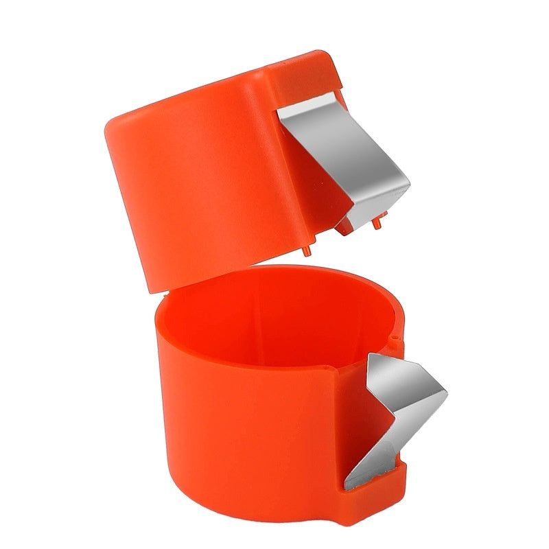 Egg cracker and separator tool, side view showing ergonomic grip