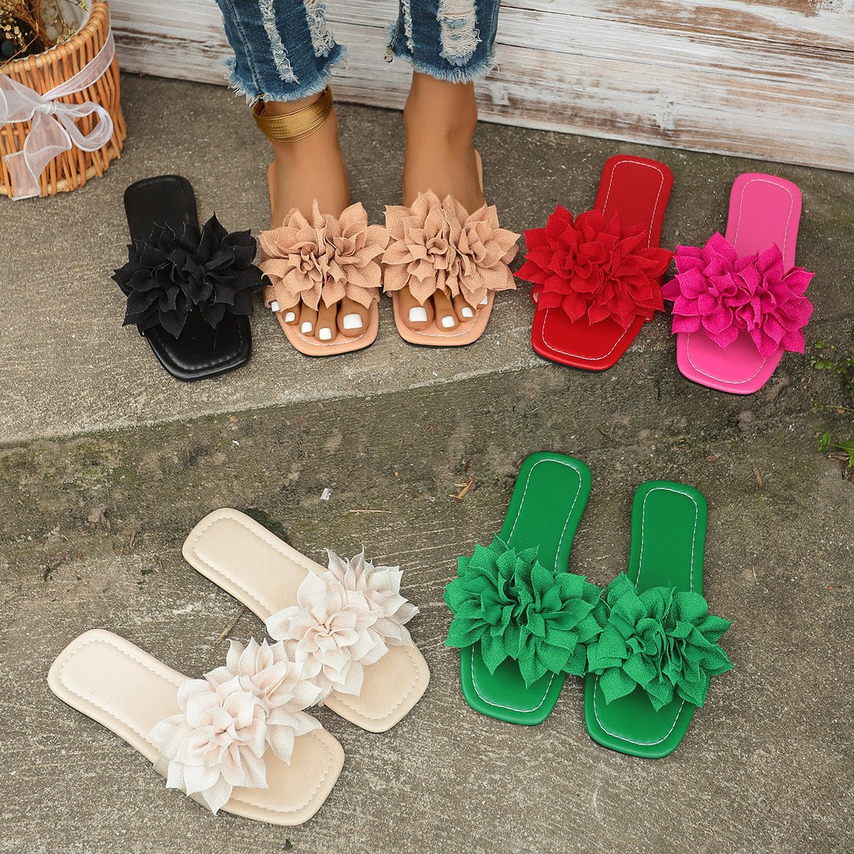 Women's Faux Leather Flat Flip Flops – Floral Accent Slides - product photo 1 of 10