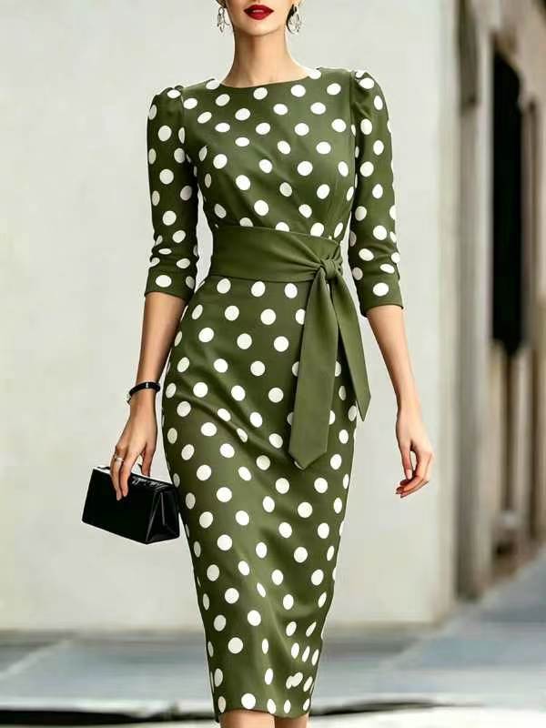 Polka Dot Pencil Midi Dress – Waist Belt, O-Neck Formal Office Wear - product photo 10 of 12