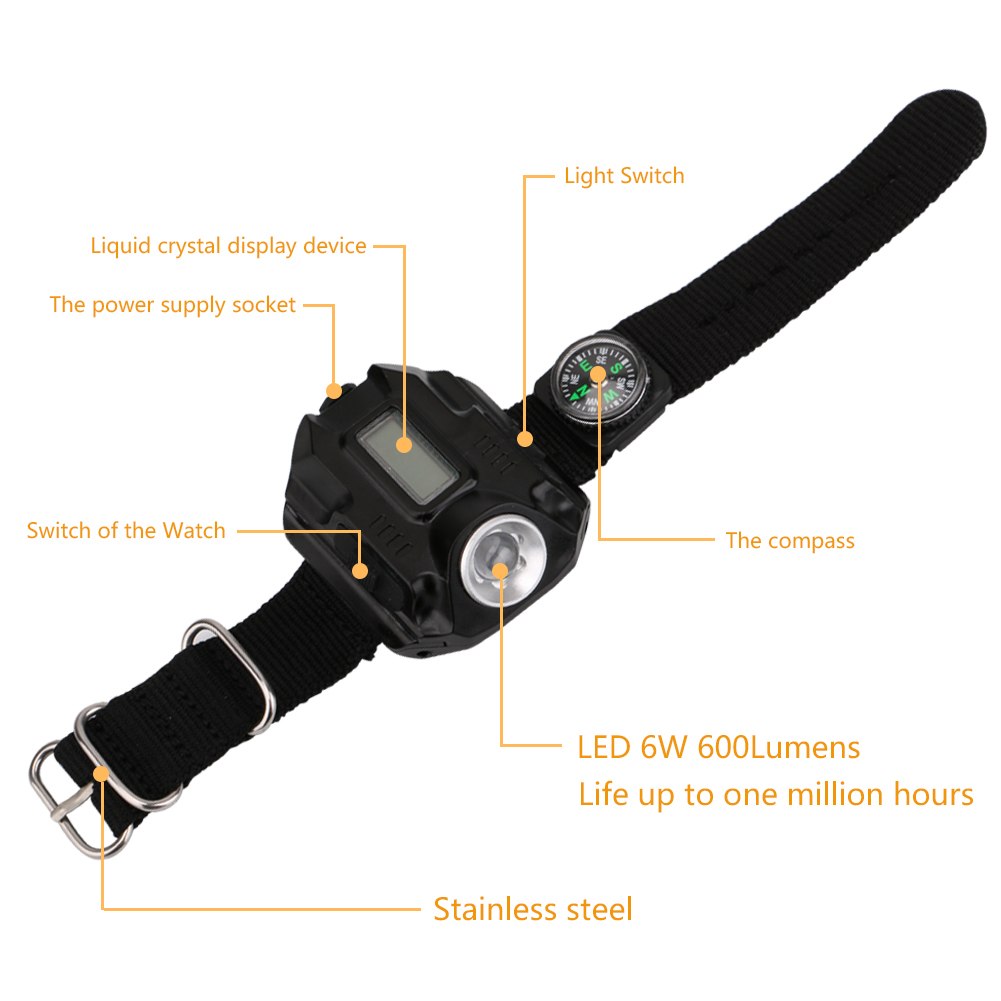 LED flashlight watch USB charging port