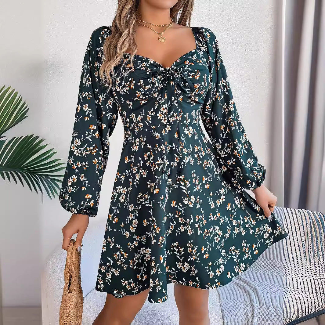 Floral Print Lantern Sleeve A-Line Dress – Tie-Waist Square Neck - product photo 6 of 8
