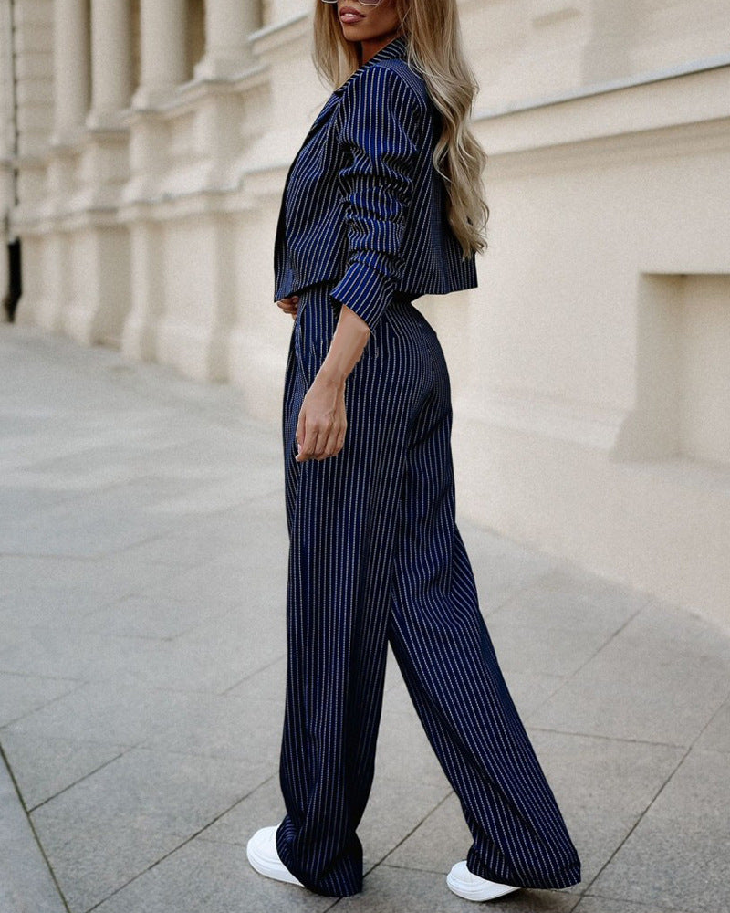 Women's Striped Two-Piece Set – Cropped Blazer Jacket & Wide-Leg Trousers - product photo 10 of 11