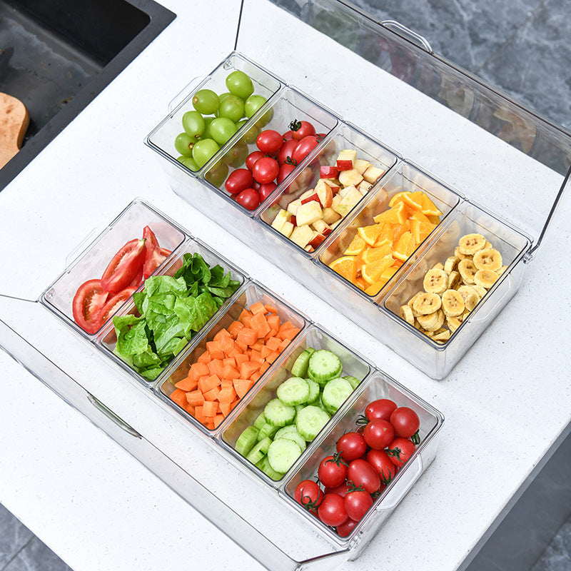Stacked food storage containers in kitchen