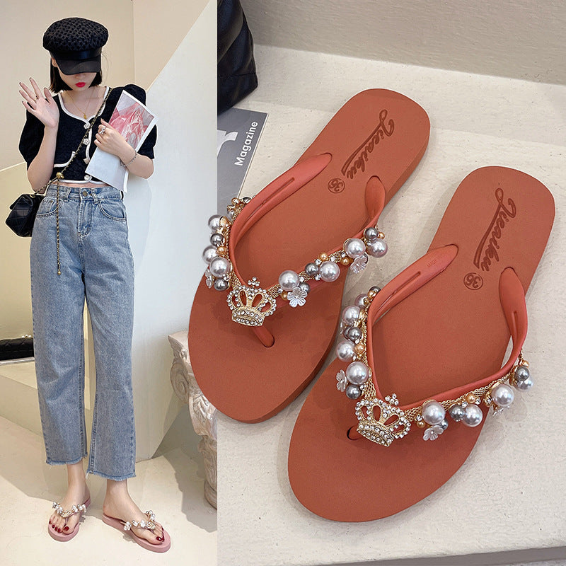 Pearl crown rhinestone flip-flops, front view