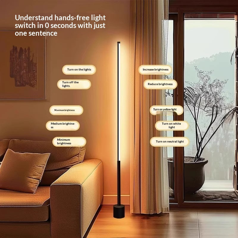 LED floor lamp lit in a bedroom setting
