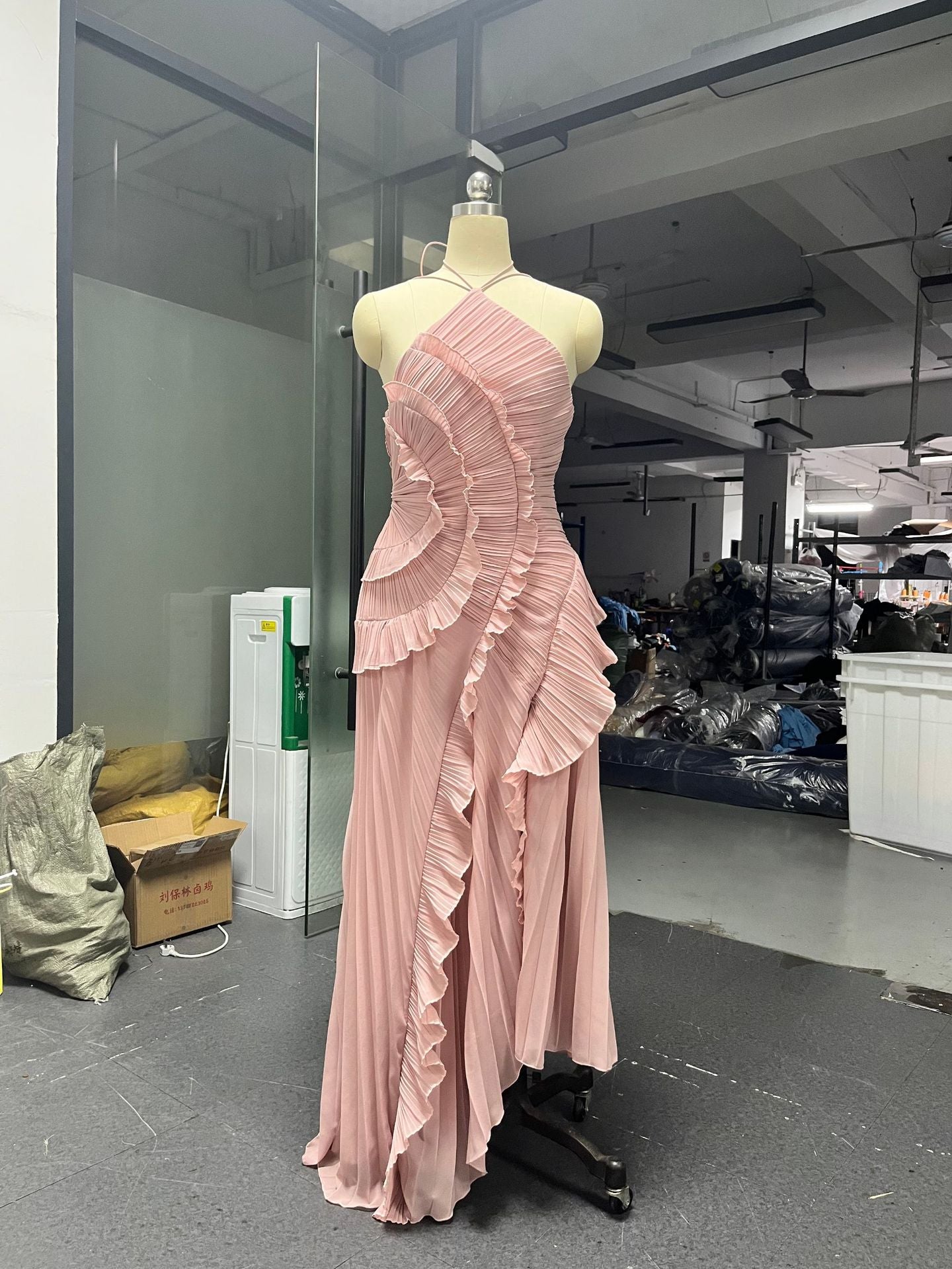 Chiffon party dress worn, side view