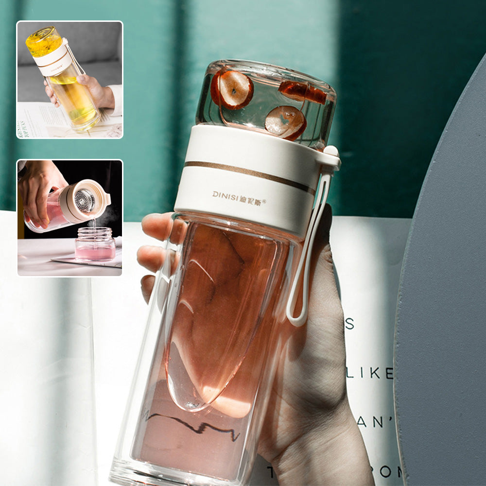 Glass water bottle with tea infuser, double wall design