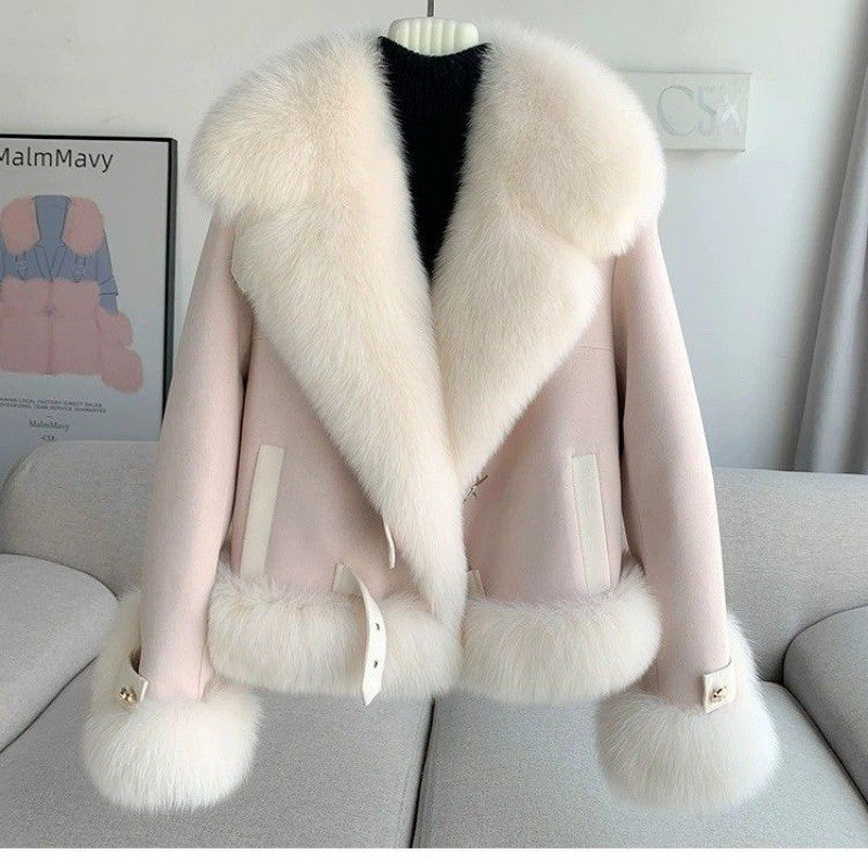 Faux fur coat available in apricot, khaki, and pink