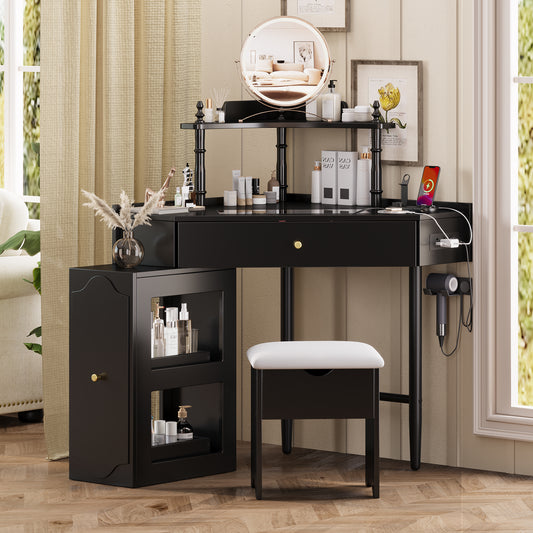 Corner Vanity Desk Set with Cushioned Stool, Charging Station & Storage Cabinet - product photo 1 of 5