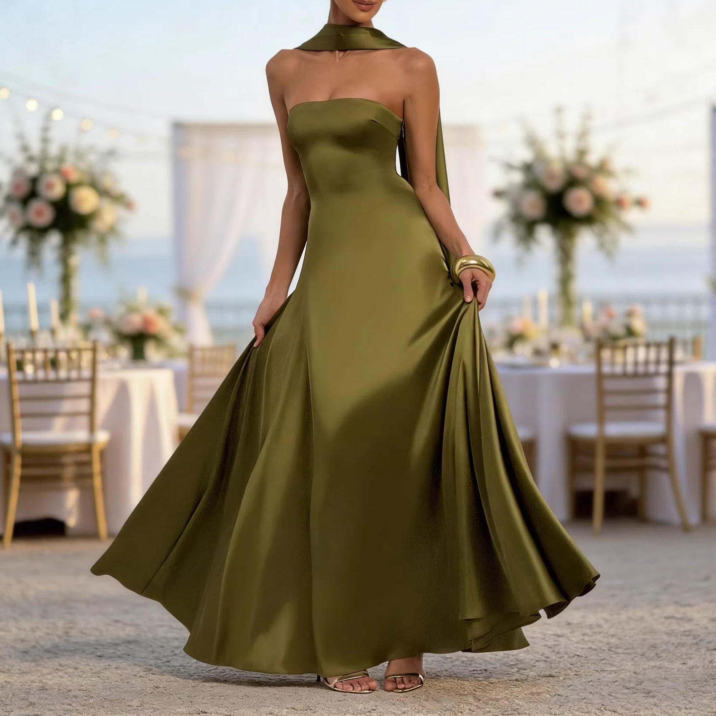 Waist-cinching dress worn, back view