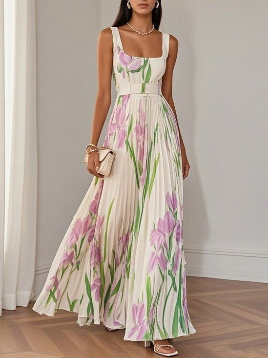 Floral midi dress worn, front view