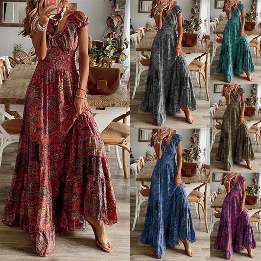Floral V-neck waist-cinching midi dress
