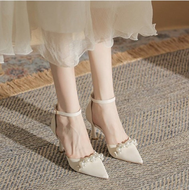 Women's stiletto heel sandals with metal belt buckle