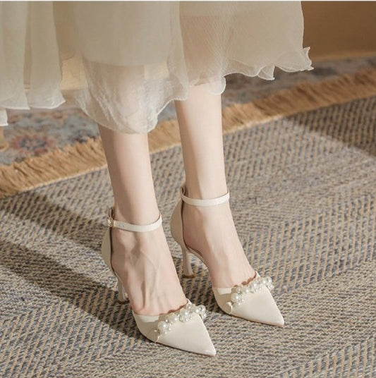 Women's stiletto heel sandals with metal belt buckle