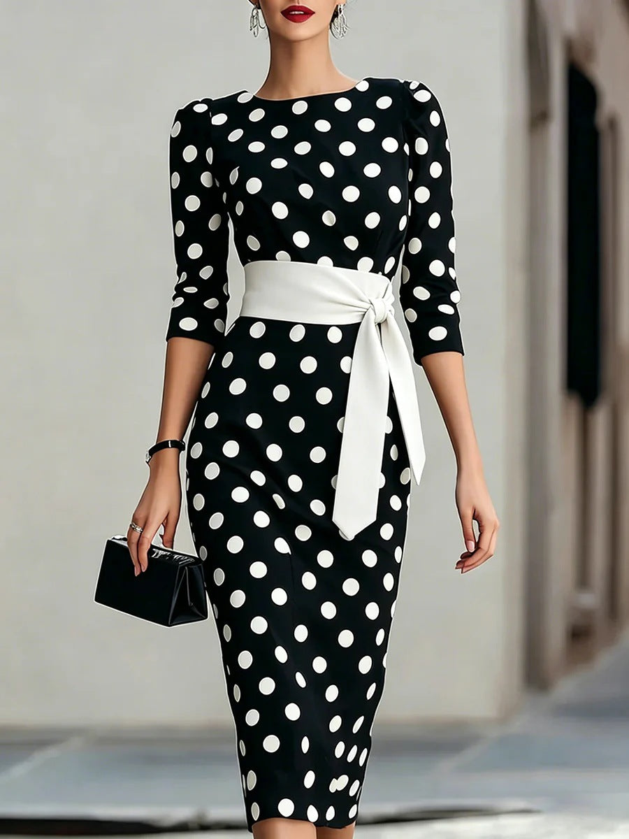 Polka Dot Pencil Midi Dress – Waist Belt, O-Neck Formal Office Wear - product photo 4 of 8