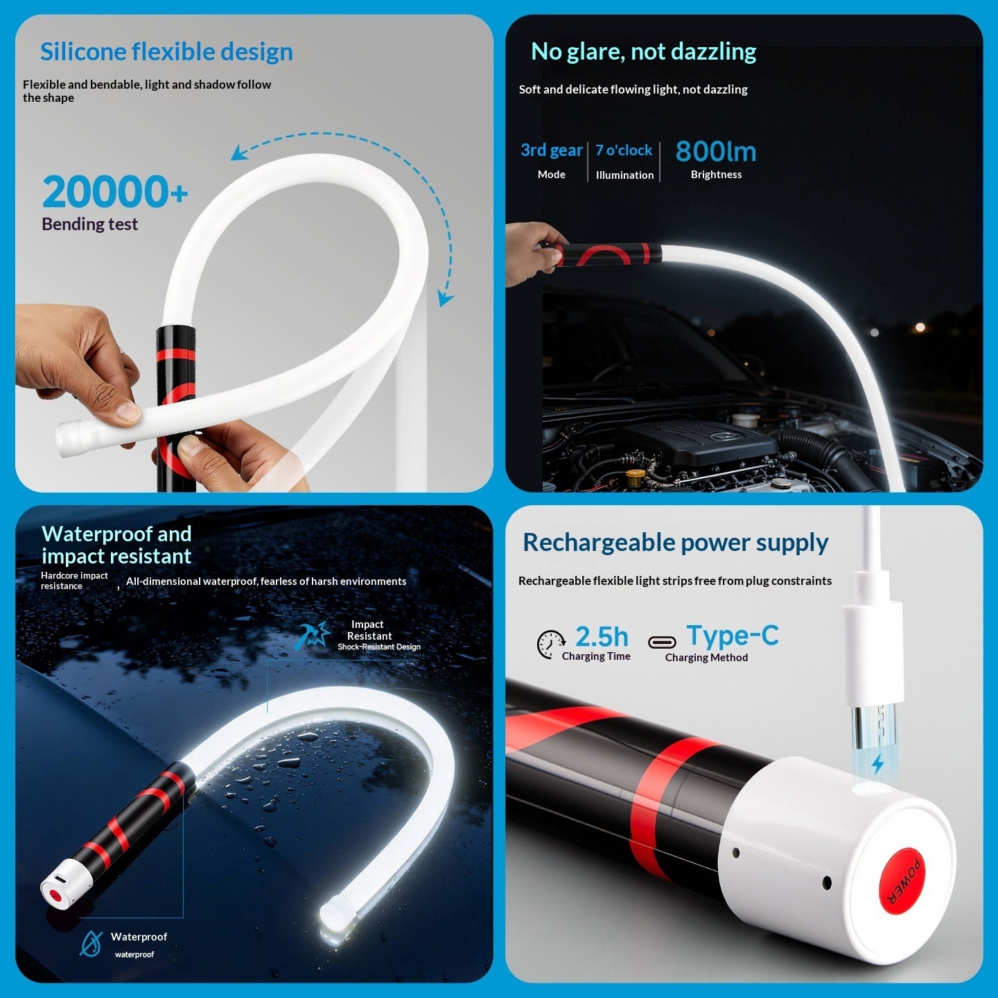 LED flashlight stick showing 3 brightness modes