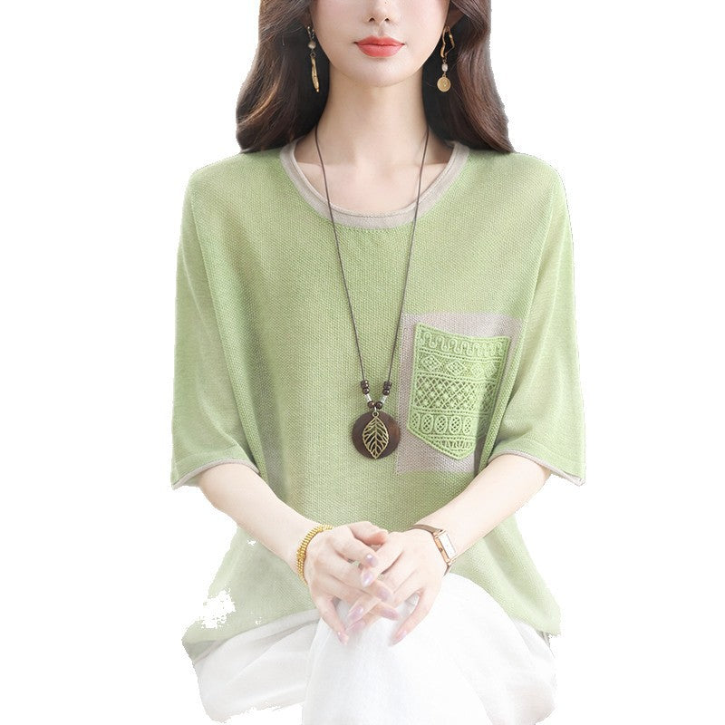 Flattering tummy-hiding ice silk knit t-shirt – worn on model