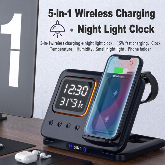 15W wireless charging stand with LED alarm clock, 5-in-1 charging dock, black finish