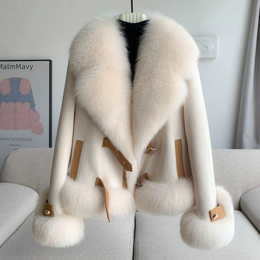 Women's faux fur coat in apricot, front view