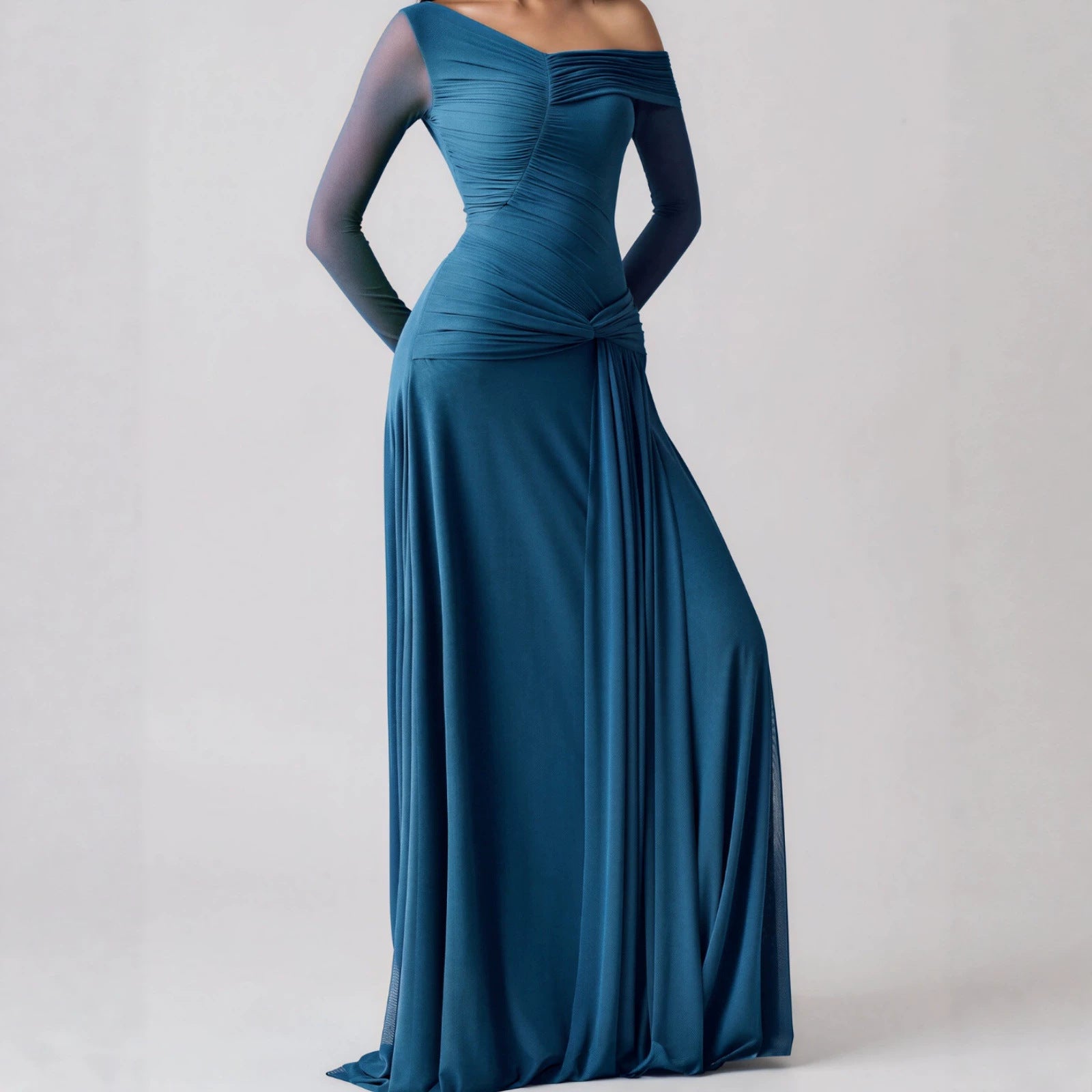 asymmetrical sheer mesh mermaid dress, front view