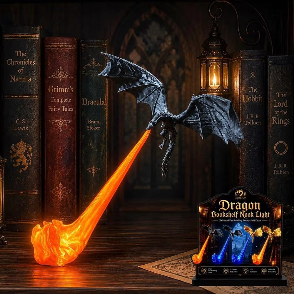 3D printed dragon bookshelf nook light with LED flame - view 1