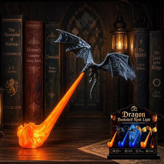 3D printed dragon bookshelf nook light with LED flame - view 1