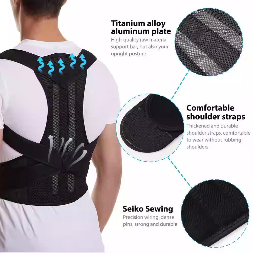 Black neoprene back support posture corrector with shoulder straps
