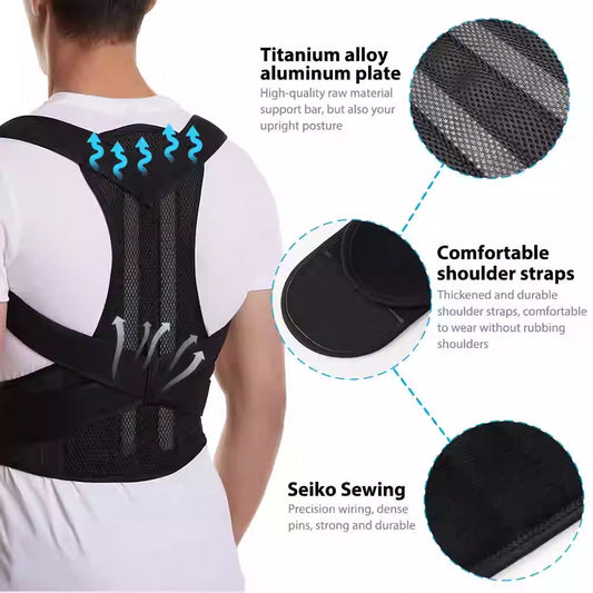 Black neoprene back support posture corrector with shoulder straps
