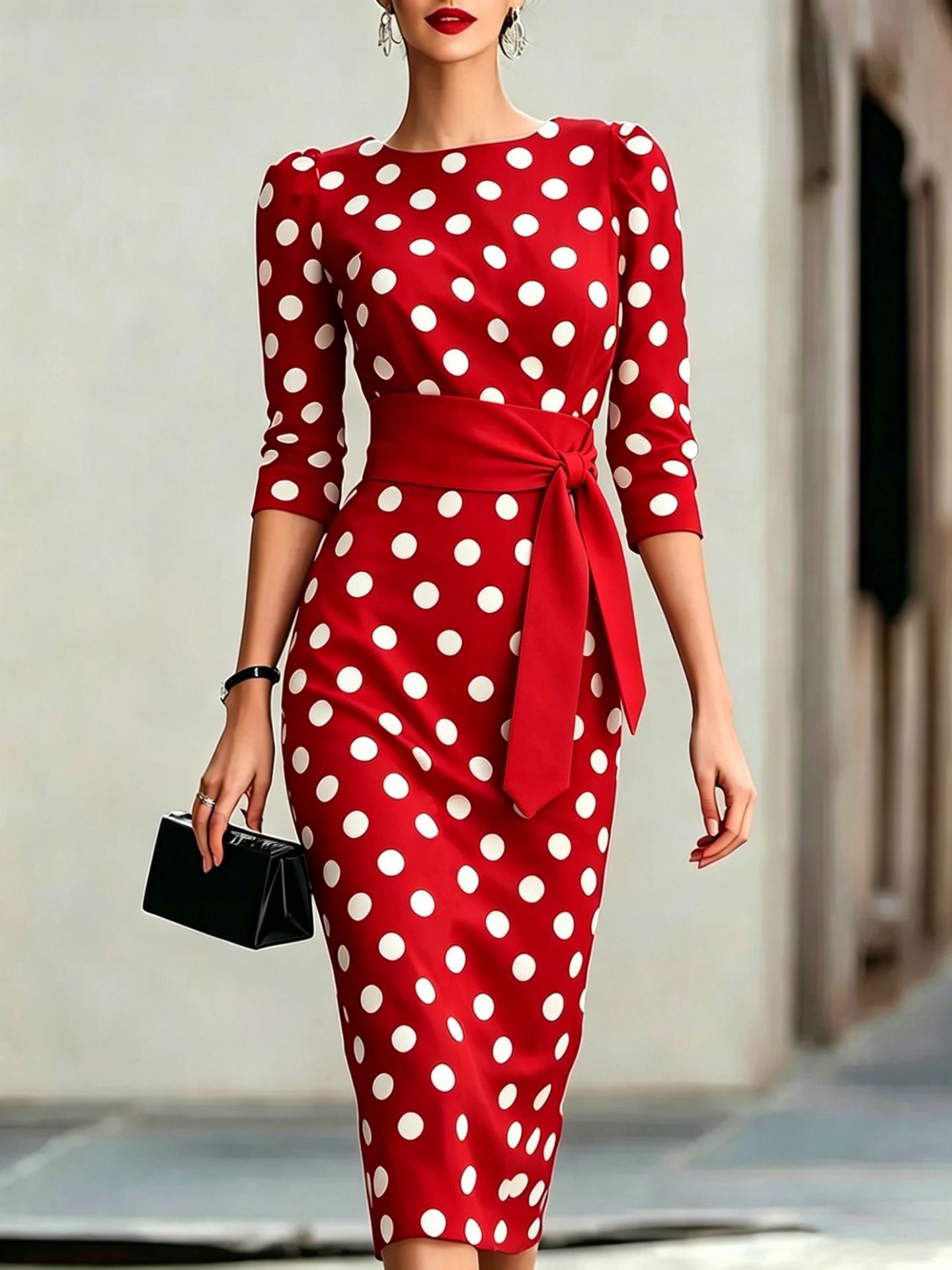 Polka Dot Pencil Midi Dress – Waist Belt, O-Neck Formal Office Wear - product photo 8 of 8