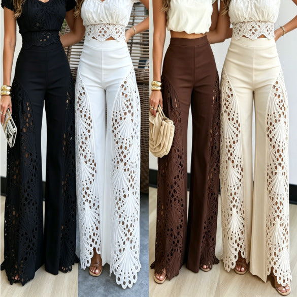 women's lace patchwork wide-leg pants, front view