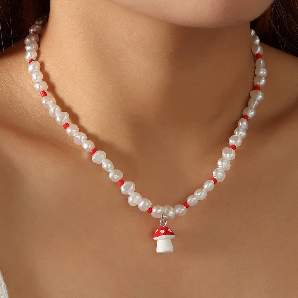 Pearl Beaded Mushroom Pendant Necklace – Adjustable Chain - product photo 1 of 6