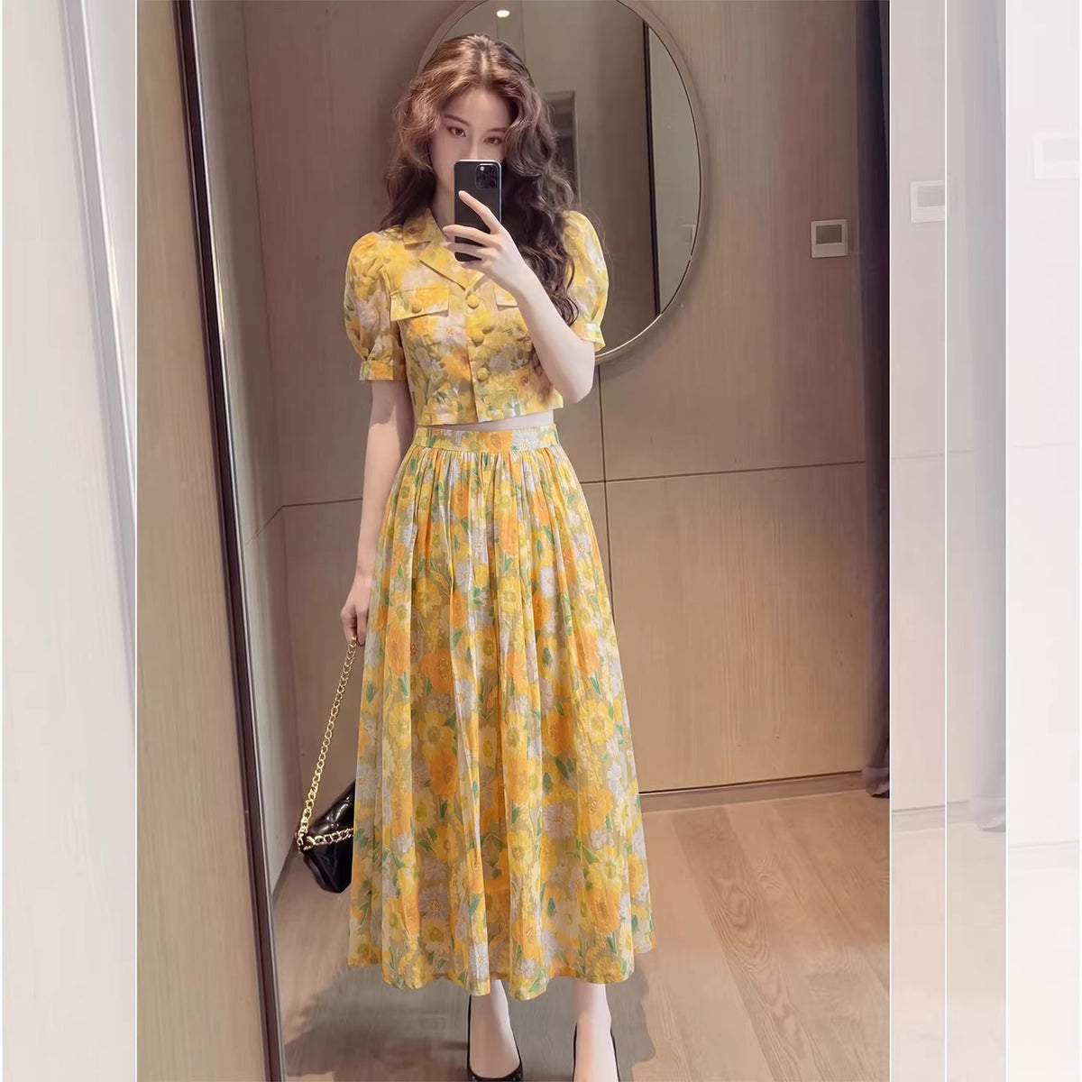 Yellow floral two-piece set - full outfit view