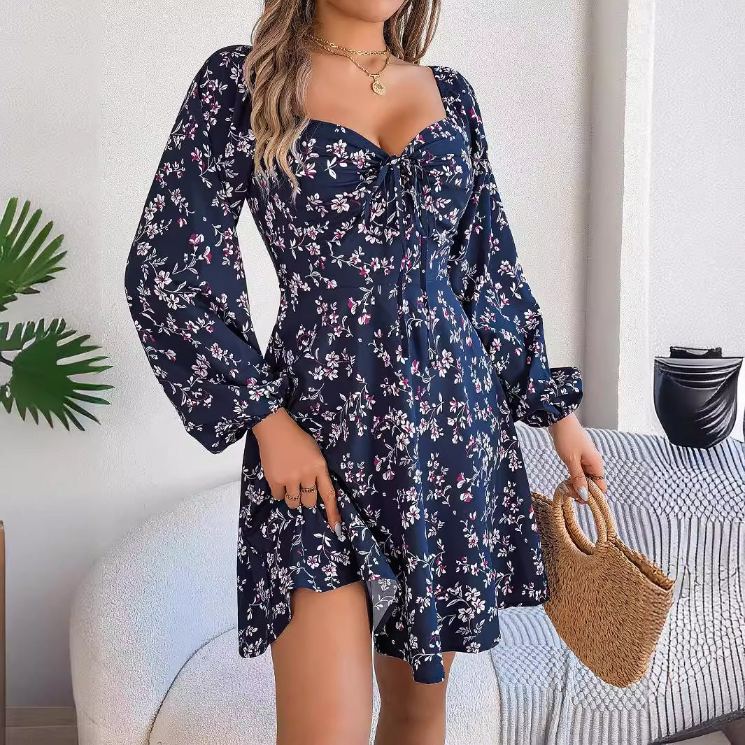 Floral Print Lantern Sleeve A-Line Dress – Tie-Waist Square Neck - product photo 3 of 8