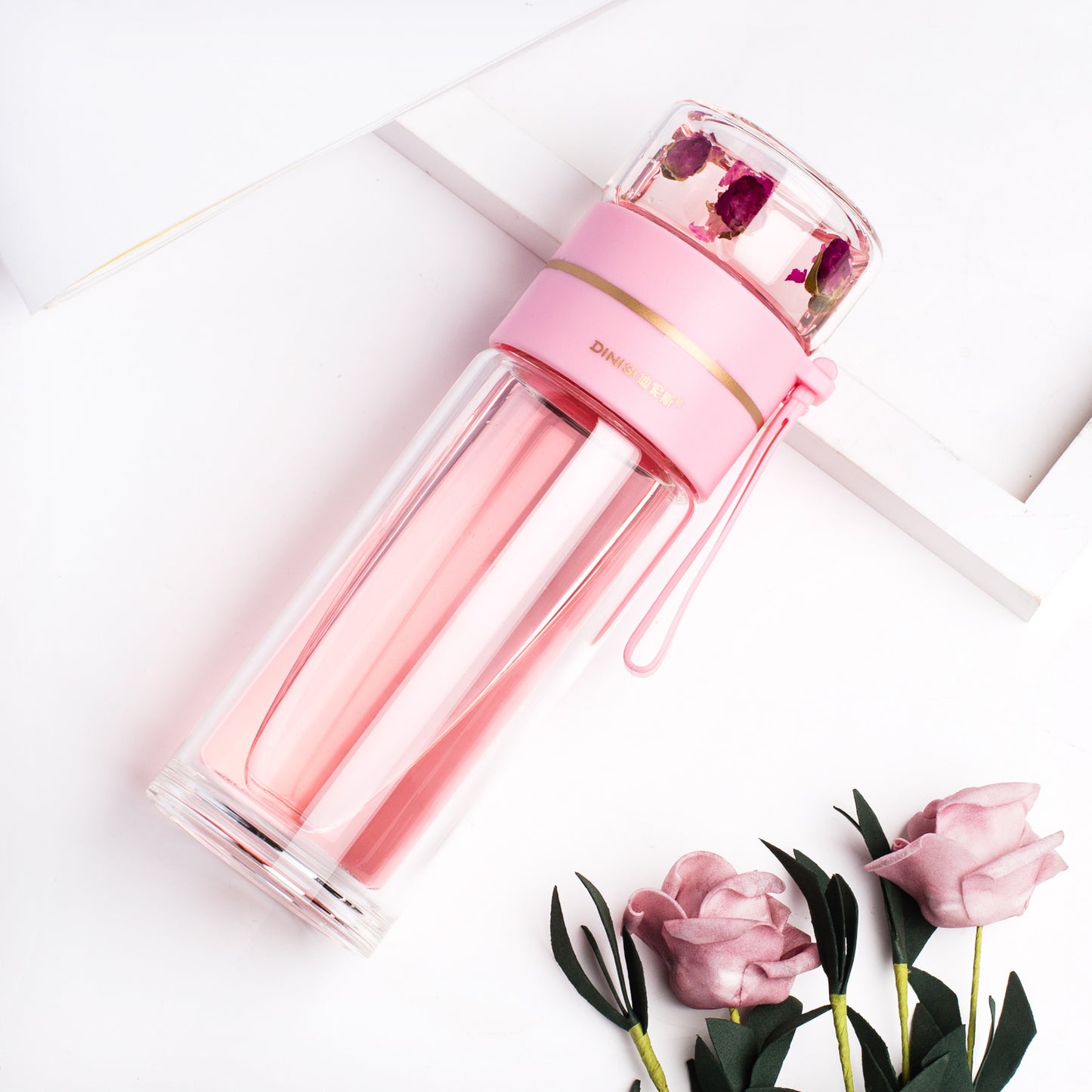 Double wall glass water bottle with tea separation
