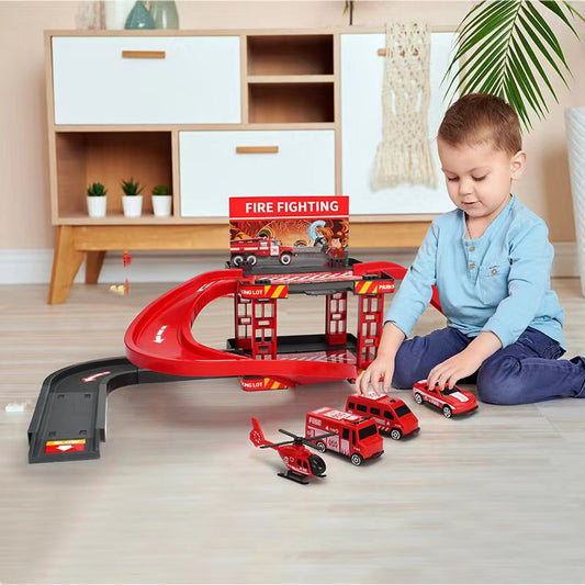 Kids' Sliding Track Fire Engine & Dinosaur Parking Playset - product photo 2