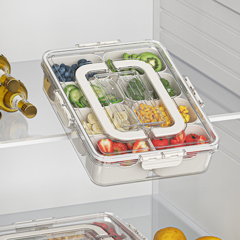 Divided serving tray filled with snacks