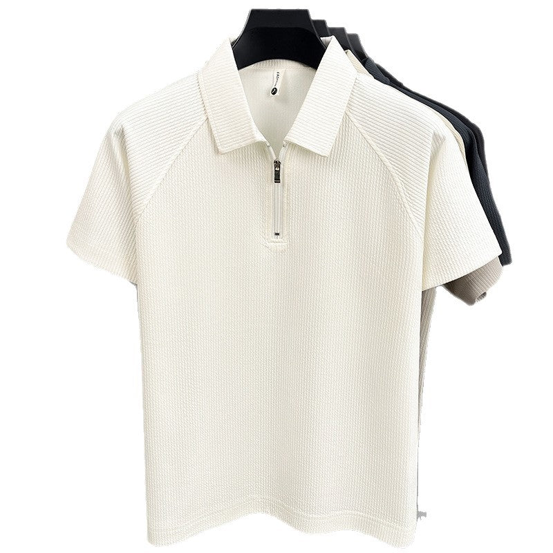 Close-up of turn-down collar detail on striped shirt