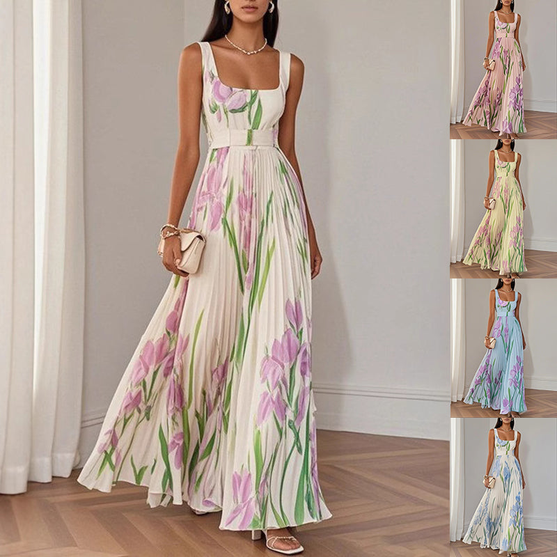 Floral pleated A-line midi summer dress