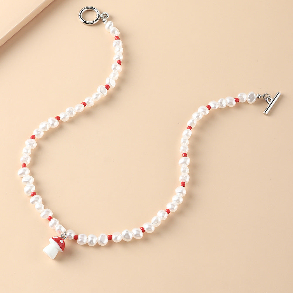 Pearl Beaded Mushroom Pendant Necklace – Adjustable Chain - product photo 4 of 6