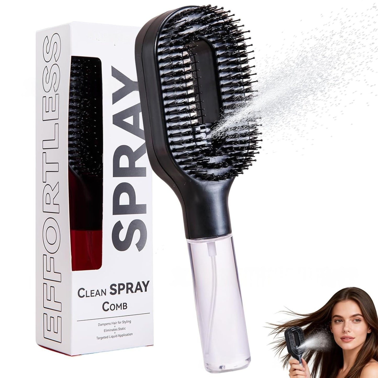 Detangling hairbrush with mist bottle in use on wet hair