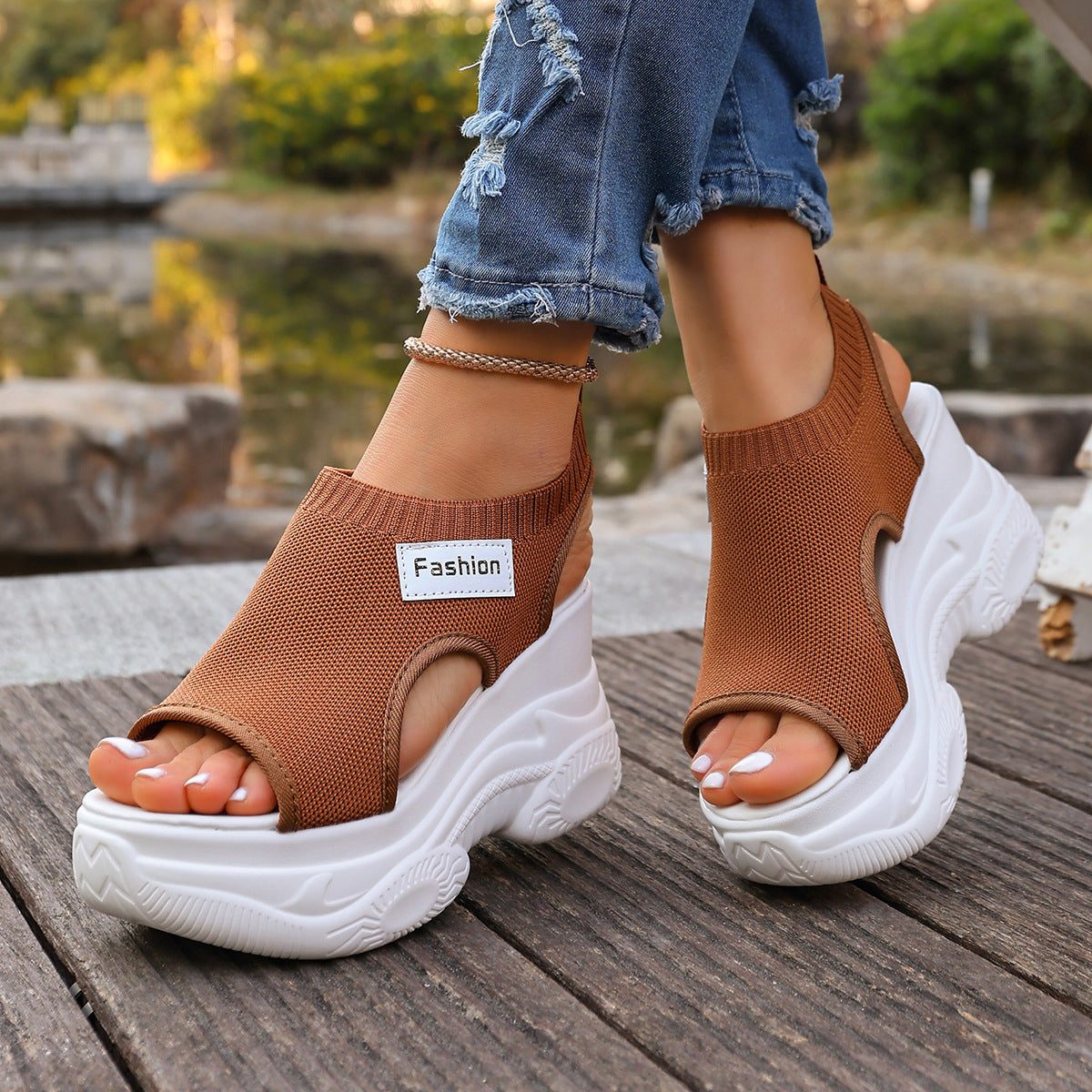 Fish mouth chunky wedge sandals for women