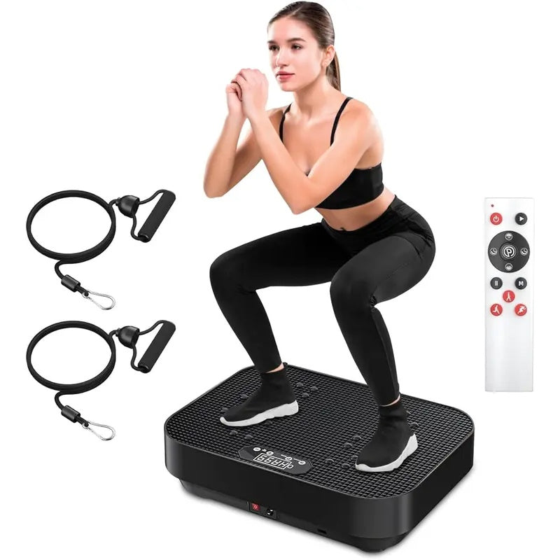 Person using resistance band with vibration plate