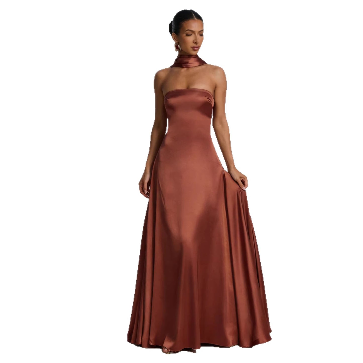 Backless evening gown worn, front view