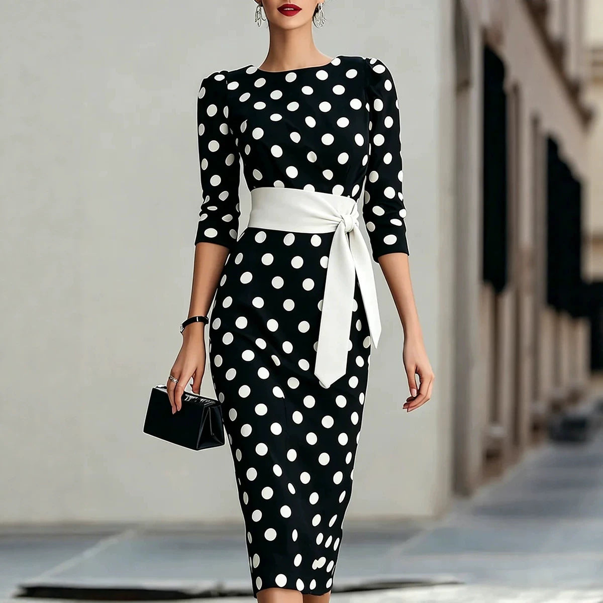 Polka Dot Pencil Midi Dress – Waist Belt, O-Neck Formal Office Wear - product photo 3 of 8